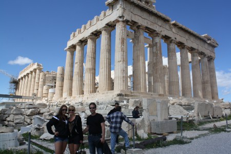 My sister, mom and dad beneath the Parthenon atop the Acropolis in Athens, Greece